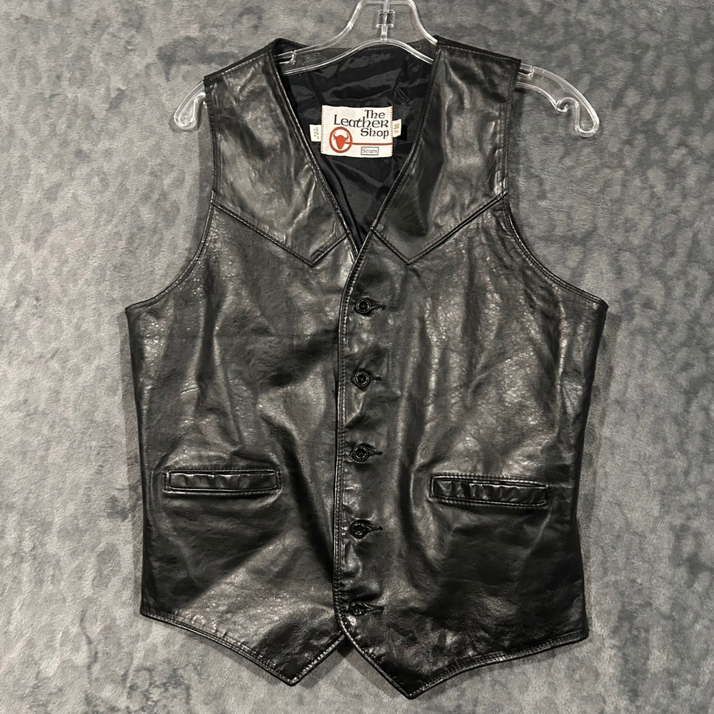 Vintage Sears The Leather Shop Black Leather Biker Vest Mens 38 Tall Made in USA